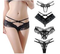 KFLY Sexy Lace Panties Set for Women G String T Back Thong Knickers Underwear Plus Size Transparent Strappy Lingerie Set 4pcs Pack (UK, Alpha, One Size, Regular, Regular, Style-A)