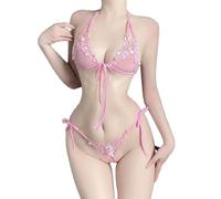 KFLY Sexy Mini Bikini set for Women Tiny Bras Micro Thong Flower Embroidery Lace Top Mesh Halter Neck G String Self Tie Straps Swimsuit Beach Pool (pink, one size)