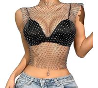 KFLY Sexy Sheer Tops for Women Rhinestone Fishnet Blouse Glitter Tank Crop Top Hollow Out Beach Cover Up Dress Summer Round Neck Clubwear Rave Outfit Festival Y2K