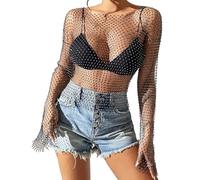 KFLY Sexy Sheer Tops for Women Rhinestone Fishnet Blouse Glitter Tank Crop Top Hollow Out Beach Cover Up Dress Summer Round Neck Clubwear Rave Outfit Festival Y2K