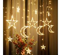 KFLY Star Moon LED Curtain String Light Christmas Fairy Lights 3.5m/11.5ft 138 LED Window Night Light Battery Powered for Home Indoor Islamic Ramadan Festival Lawn Terrace Decorations,Warm White