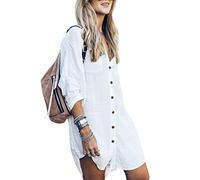 KFLY Women's Blouse Beach Bikini Cover Up Long Sleeve Shirt Swimwear Dress Bikini Cover-ups Tops Oversized Turn Down Collar Bathing Suit Cover Ups White (KF201)