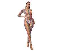 KFLY Women's Fairy Lingerie Bodystocking Fishnet Rainbow Bodysuits Babydoll Hollow See Through Mesh Tights Underwear Colorful Long Sleeve Nightwear Bikini Covers Up for Festival Party Outfits