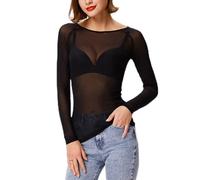 KFLY Women's Mesh Tops Long Sleeve Sheer Blouse Sexy Shirt See Through Clubwear Nightwear Black