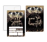 KFNER Shhh It's a Surprise Birthday Invitations, Black Gold Balloon Birthday Party Invitation Card, Surprise Birthday Party Favors & Celebration Supplies(20 Set of Invitations with Envelopes)-B28