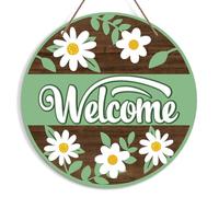 KFNER Welcome Spring Sign, Flower Sign, 10 x 10 inches, Wood, Rustic, Green, Wall Mount, Door Mount, Welcome