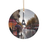 KFRXXZQB Rainy Street in Paris -Print Round Aluminum Pendants - Customizable Double-Sided Print, 0.8mm Thin Gold Cord For Christmas.