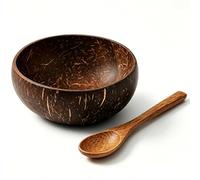 KFSCIP 2 Pcs Coconut Bowl Set with Wooden Spoon, Handcrafted Coconut Shell Bowls for Acai Bowls and Fruit Bowls, Natural Wooden Bowls for Outdoor Dining and Vegan Meals, Dimensions 14 X 6 Cm