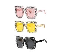 KFSCIP 3 Pack Elton John Glasses, Oversized Rectangle Sunglasses, Thick Frame Sparkling Crystal Bling Festival Glasses for Men Women Fancy Dress Costume Accessories, Yellow, 146mmx141mmx64mm