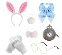 KFSCIP 7 Pcs Set White Rabbit Costume, Include White Bunny Headband Bunny Nose Tail Gloves Pocket Watch Glasses And Bowtie, For Easter World Book Day Halloween Party