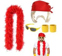 KFSCIP 7-Piece Hulk Hogan Costume Set, Wrestler costume Kit, Red and Yellow Theme, Including Feather Boa Kerchief, wig and headscarf, beard and bracelet, glasses and necklace, wig and headscarf