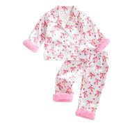 Kfsghdnz Baby Girls 2 Piece Satin Pajama Set Long Sleeve Feather Trim Button Down Shirt and Pants Bow Knot Print Valentine Day Silk Pjs (Pink A, 12-18 Months)