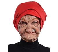 Kfsghdnz Halloween Realistic Old Lady Mask with Red Headscarf Cigarette Latex Granny Costume Creepy Scary Party Cosplay Props (Red A, 20cm*28cm)