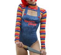 Kfsghdnz Women 2Pcs Halloween Chucky Cosplay Costume Scary Nightmare Killer Doll Wanna Play Shorts Overalls Party Role Play Set (Blue A, M)