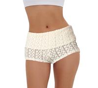 Kfsghdnz Women Fold Over Mini Shorts Low Rise Floral Lace Sheer Mesh Shorts Summer Slim Fit Ribbed Beach Bottoms (Beige A, S)