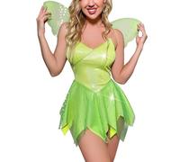 Kfsghdnz Women Forest Fairy Costume Dress Pixie Princess Cosplay Bodycon Dress with Wings Halloween Tinkerbell Role Play Party Clothes (Green C, L)