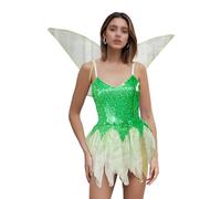 Kfsghdnz Women Forest Fairy Costume Dress Pixie Princess Cosplay Bodycon Dress with Wings Halloween Tinkerbell Role Play Party Clothes (Army Green B, L)