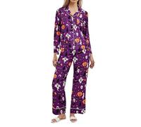 Kfsghdnz Women Halloween 2 Piece Pajama Set Long Sleeve Lapel Collar Shirt and Pants Pumpkin Ghost Dog Print Loose Fit Sleepwear (Purple A, S)