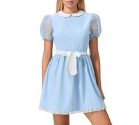Kfsghdnz Women Halloween Creepy Sister Cosplay Costume Sheer Mesh Puff Sleeve Doll Collar Short A Line Dress with Belt Fancy Dress Up (White A, S)