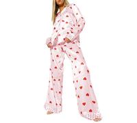 Kfsghdnz Women Heart Print Satin Pajama Set Long Sleeve Lapel Collar Button Down Shirt and Pants 2 Piece Valentine's Day Silk Sleepwear (Pink E, M)