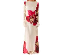 Kfsghdnz Women Summer Y2K Sheer Mesh Maxi Dress Long Sleeve Floral Print Sexy See Through Side Split Bodycon Beach Long Dress (Beige B, L)
