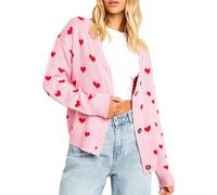 Kfsghdnz Women Valentine's Day Heart Graphic Knit Cardigan Loose Fit Button Down Open Front Sweater Chunky Knitted Top (Pink A, L)