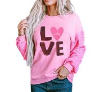 Kfsghdnz Women Valentine's Day Sweatshirt Glitter Patchwork Long Sleeve Crew Neck Sequins Letter Graphic Pullover Loose Fit Top (Pink A, XL)