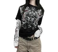 Kfsghdnz Women Vintage Gothic Top Crew Neck Long Sleeve Casual Shirt Y2K Fairy Grunge Print Tee Aesthetic Clothes Streetwear (Black J, M)