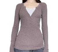 Kfsghdnz Women Vintage Knitted Top Long Sleeve Scoop Neck Button Down Blouse Y2K Ruffle Hem Fairy Ribbed Shirt Streetwear (Coffee B, M)