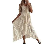 Kfsghdnz Women's Boho Lace Maxi Dress V Neck Tassel Trim Spaghetti Strap A-Line Irregular Hem Flowy Sundress for Summer Beach Holiday (Beige A, XL)