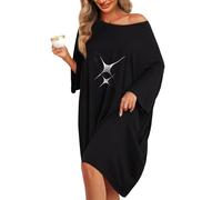 KFUBUO Plus Size Nightgowns for Women Oversized Sleep Shirts Bamboo Sleep Tee Short Sleeves Print Sleepwear With Pocket, Black Star, One Size