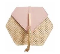 KFXYSM Straw bag, Straw Bags for Women Hexagon Mulit Style Straw+leather Handbag Women Summer Rattan Bag Handmade Woven Beach Circle Bohemia Shoulder Bag(Pink)