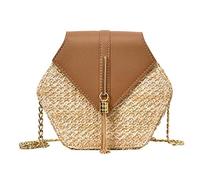 KFXYSM Straw bag, Straw Bags for Women Hexagon Mulit Style Straw+leather Handbag Women Summer Rattan Bag Handmade Woven Beach Circle Shoulder Bag(Brown)