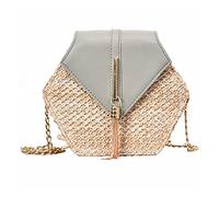 KFXYSM Straw bag, Straw Bags for Women Hexagon Mulit Style Straw+leather Handbag Women Summer Rattan Bag Handmade Woven Beach Circle Bohemia Shoulder Bag(White)