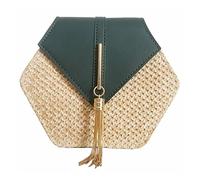 KFXYSM Straw bag, Straw Bags for Women Hexagon Mulit Style Straw+leather Handbag Women Summer Rattan Bag Handmade Woven Beach Circle Bohemia Shoulder Bag(Dark green)