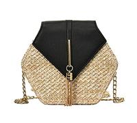KFXYSM Straw bag, Straw Bags for Women Hexagon Mulit Style Straw+leather Handbag Women Summer Rattan Bag Handmade Woven Beach Circle Shoulder Bag(Black)