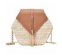 KFXYSM Straw bag, Straw Bags for Women Hexagon Mulit Style Straw+leather Handbag Women Summer Rattan Bag Handmade Woven Beach Circle Bohemia Shoulder Bag(Brown)