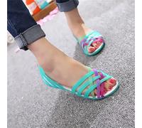 KG7HQRP Women's Sandals Candy Color Women's Shoes Peep Toe Stappy Beach Valentine Rainbow Jelly Shoes Women's Flat Shoes (Color : D, Size : 9) (Black 6)