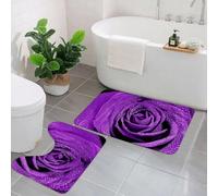 KGDHY 2 Pieces Bath Mat and Toilet Mat Set,beautiful purple rose detail whit water drops,Pattern Quick Dry Bathroom Mats,Non-slip Bathtub Rug for Bathroom Sink Toilet