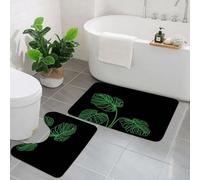 KGDHY 2 Pieces Bath Mat and Toilet Mat Set,Green Leaf Tropical Monstera Leaves Jungle Plant Green Black Geometric Art,Pattern Quick Dry Bathroom Mats,Non-slip Bathtub Rug for Bathroom Sink Toilet