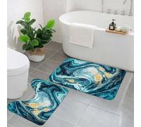 KGDHY 2 Pieces Bath Mat and Toilet Mat Set,Marble Abstract Ripples Ocean Blue Swirls Teal Agate l Luxury Gold Art Printed,Pattern Quick Dry Bathroom Mats,Non-slip Bathtub Rug for Bathroom Sink Toilet