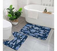 KGDHY 2 Pieces Bath Mat and Toilet Mat Set,Ocean,Sealife Marine Navy Image with Tropic Fish Moss Leave1,Pattern Quick Dry Bathroom Mats,Non-slip Bathtub Rug for Bathroom Sink Toilet