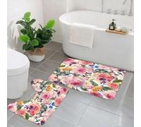 KGDHY 2 Pieces Bath Mat and Toilet Mat Set,Shabby Chic, Country Design with Floral Flowers1,Pattern Quick Dry Bathroom Mats,Non-slip Bathtub Rug for Bathroom Sink Toilet