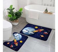 KGDHY 2 Pieces Bath Mat and Toilet Mat Set,Space, rocket on planetary system with earth stars UFO Saturn Sun Galaxy Boy,Pattern Quick Dry Bathroom Mats,Non-slip Bathtub Rug for Bathroom Sink Toilet