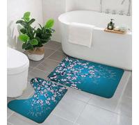 KGDHY 2 Pieces Bath Mat and Toilet Mat Set,Teal Pink Blossoms by,Leaves and Plants Spring Japanese Sakura Flowers in,Pattern Quick Dry Bathroom Mats,Non-slip Bathtub Rug for Bathroom Sink Toilet