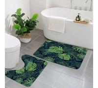 KGDHY 2 Pieces Bath Mat and Toilet Mat Set,tropical pattern with green monstera palm leaves on dark background.,Pattern Quick Dry Bathroom Mats,Non-slip Bathtub Rug for Bathroom Sink Toilet