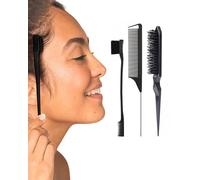 KGDUYC Sleek Bun Brush Set of 3, Bristle Haircut Hair Comb Care Edges, Double Edges Teasing Hair Brush and Rat Tail Comb for Hairdresser Women Baby Children - Black