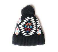 KGM Accessories Native American Pattern Super Soft Fleece Lined Faux Fur pom Beanie hat (Black)