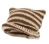 KGM Cute Trendy Punky Cat Ear Beanie Y2K Striped Knitted Crochet Beanie Hat Women`s Men`s Headwear (Brown Stripe)