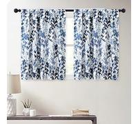 KGORGE Kitchen Curtains Tiers Set - Blackout Farmhouse Curtains Watercolor Botanical Print Curtains Half Window Drapes for RV Camper Dining Small Window, 2 Panels, W 52 x L 36 inches, Blue